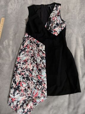 Sleeveless Asymmetrical Black Dress with Abstract Print Panel NWT